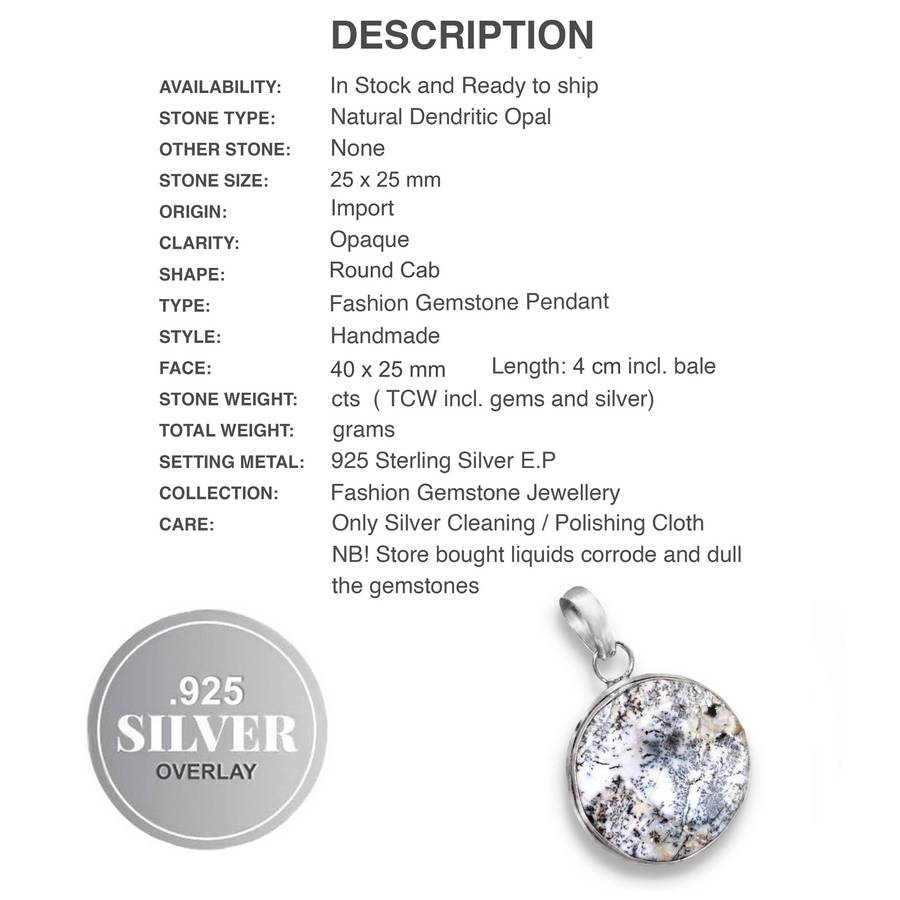 Natural Dendritic Opal Round Shape Gemstone set in. 925 Sterling Silver Plated Handmade Pendant