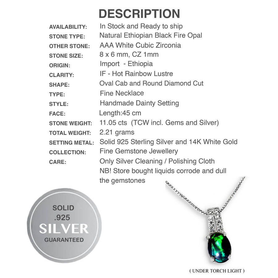 Dainty Natural Rainbow Flash Black Fire Opal Solid.925 Sterling Silver 14K White Gold Necklace