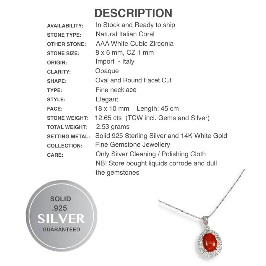 Rare Natural Unheated Italian Coral AAA White CZ in Solid Sterling Silver White Gold Necklace