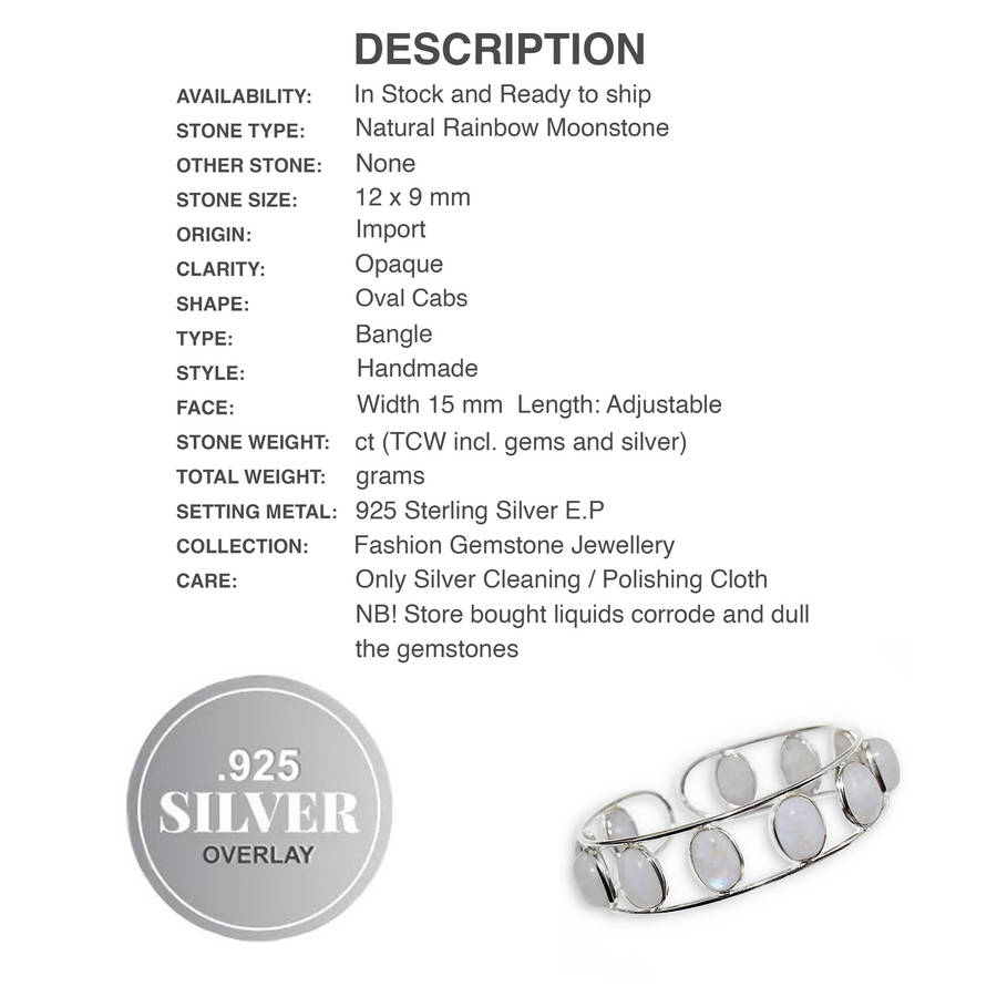 Natural Rainbow Moonstone  Gemstone Ovals set in .925 Sterling Silver Plated Adjustable Bangle
