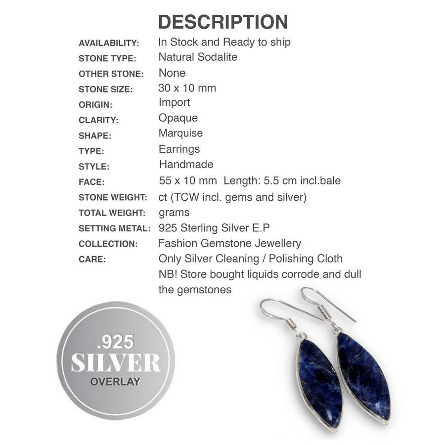 Natural Sodalite Marquise Shape Gemstone set in  925 Sterling Silver Plated Handmade Earrings
