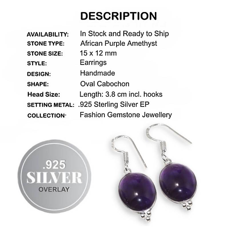 Natural Purple Amethyst Oval Cab set in .925 Sterling Silver Plated Handmade Drop Dangle Earrings