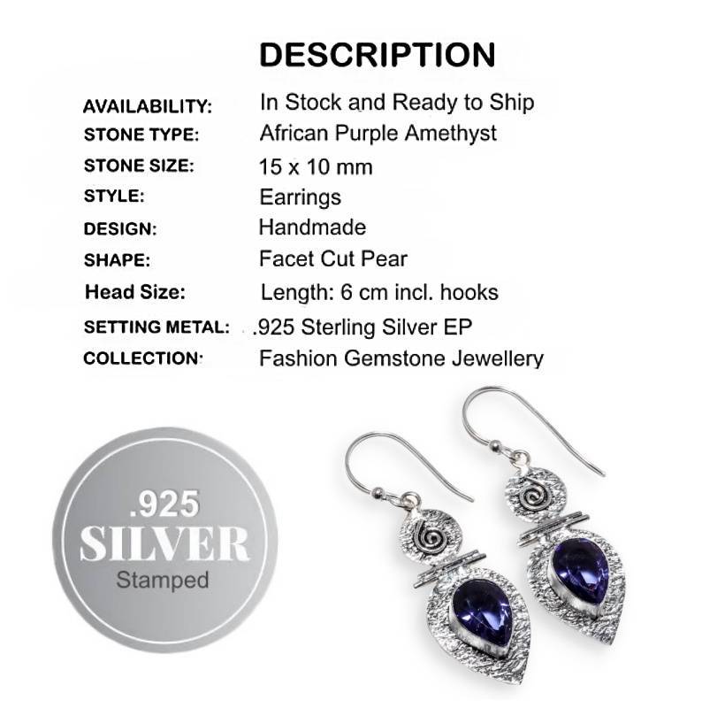African Purple Amethyst Drop Dangle .925  Sterling Silver Plated Handmade Earrings