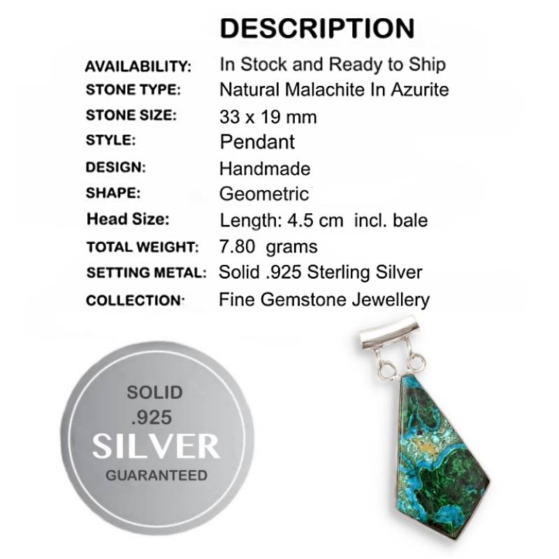 Natural Malachite in Azurite Geometric Gemstone set in Solid .925 Sterling Silver Pendant