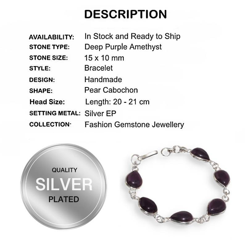 Deep Purple Amethyst Pear Shape Gemstones set in 925 Sterling Silver Plated Handmade Bracelet
