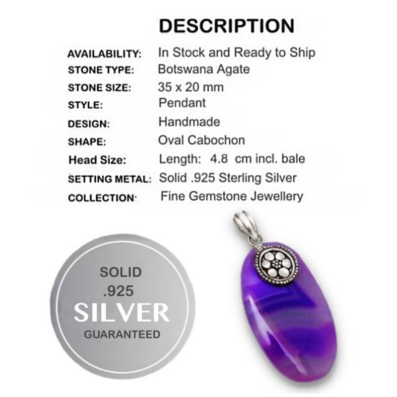 Natural Purple Botswana Agate Gemstone in Solid .925 Sterling Silver Pendant