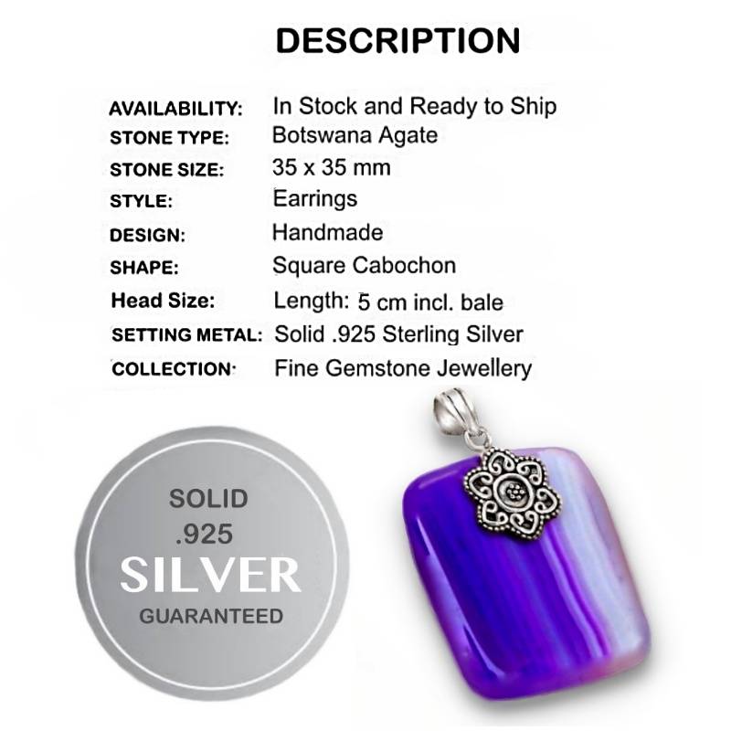 Natural Purple Botswana Lace Agate Rectangle Gemstone set in Solid .925 Sterling Silver Pendant