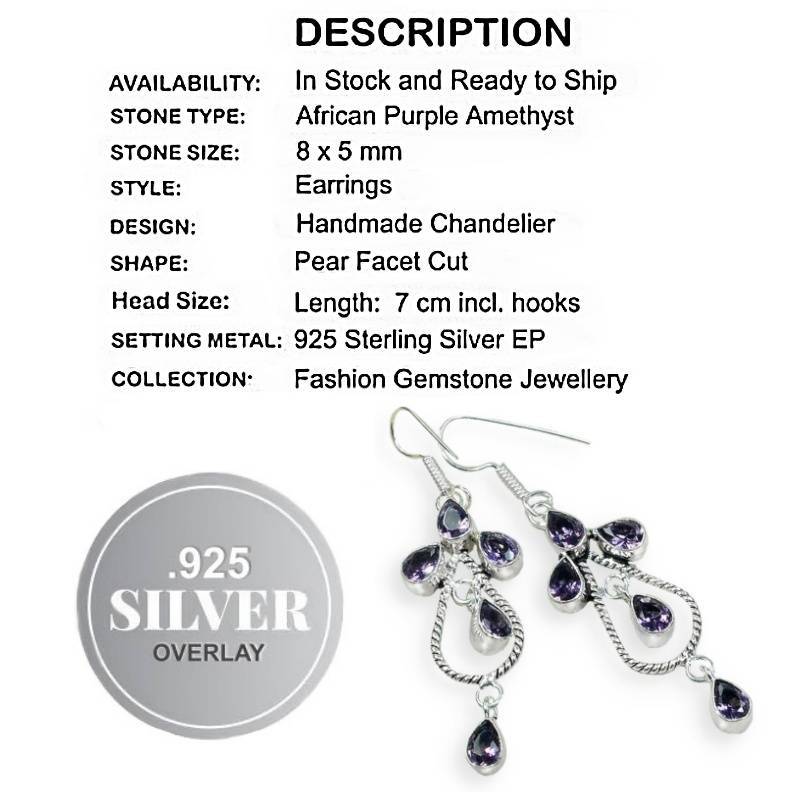 Purple Amethyst Pears set in .925 Sterling Silver Plated Chandelier Style Handmade Earrings