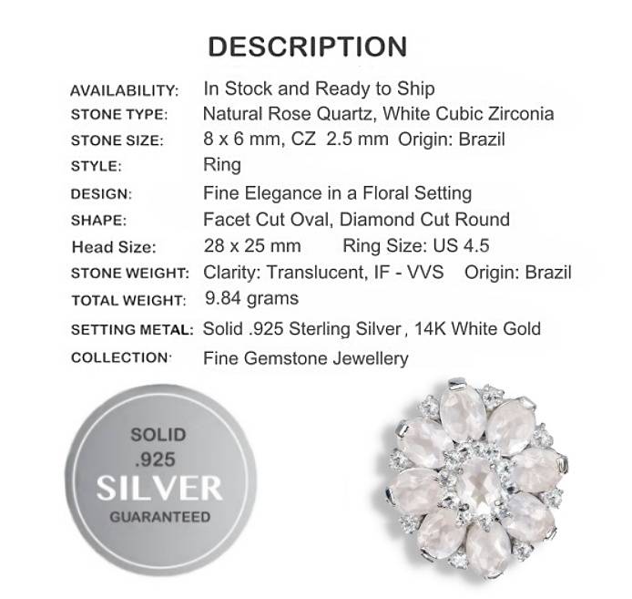 Natural Rose Quartz, Cubic Zirconia in Solid. 925 Sterling Silver 14K W/Gold Ring Size 4.5 or I 1/2
