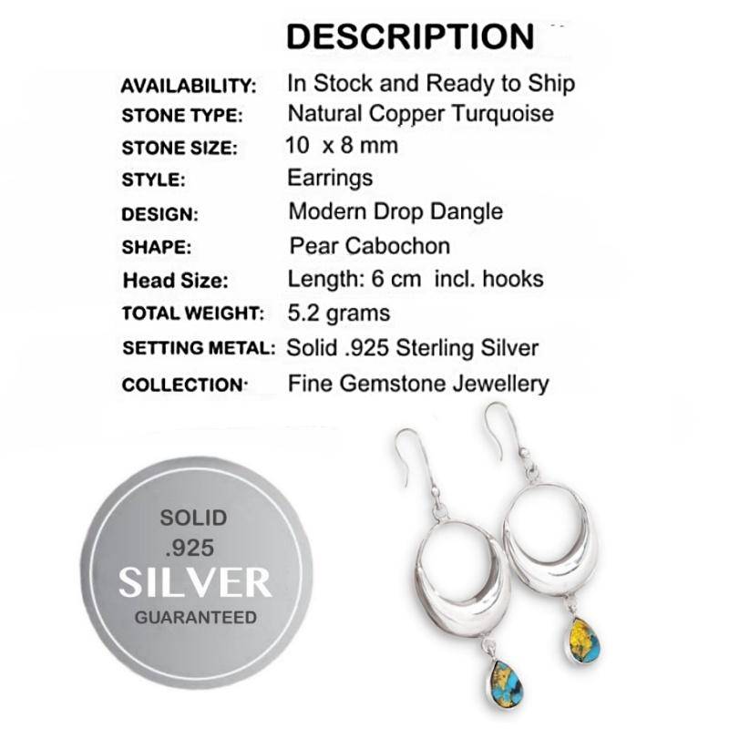 Incredible Natural Copper Turquoise Gemstone  set in Solid .925 Sterling Silver Earrings