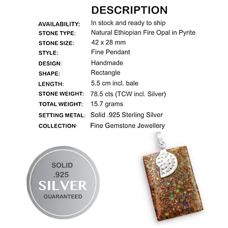 78.5 Cts Natural Ethiopian Fire Opal In Pyrite Set In Solid. 925 Sterling Silver Pendant