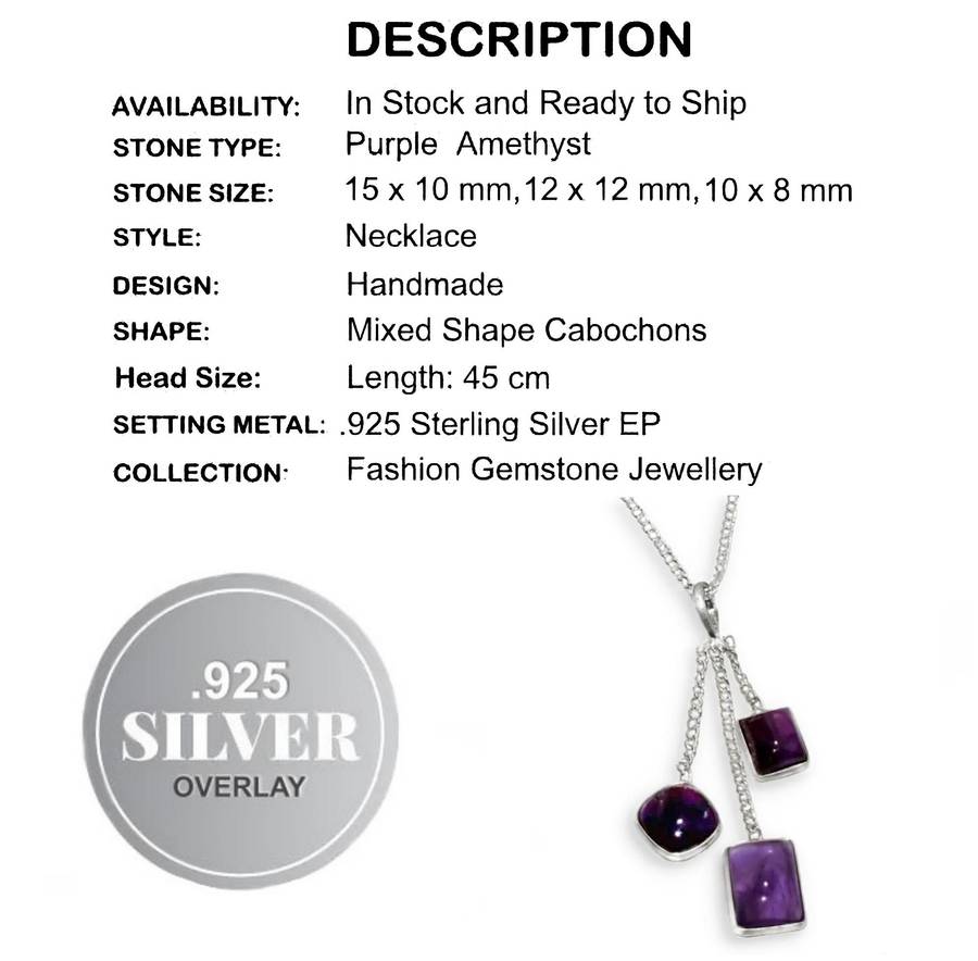 Natural Purple Amethyst Mixed Shape Gemstones set in .925 Sterling Silver Plated Handmade Necklace