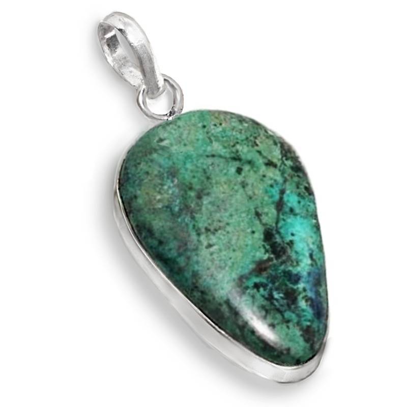 Handmade Natural Chrysocolla Malachite Pear Shape Gemstone  in. 925 Sterling Silver Plated Pendant