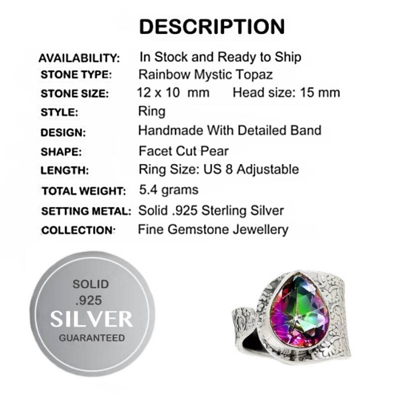 Natural Rainbow Mystic Topaz Gemstone Ring In Solid .925 Sterling Silver. Size US 7 / N