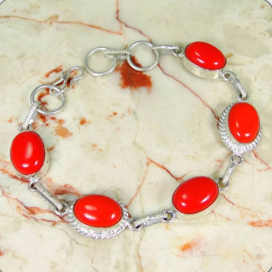 Red Coral Ovals set in .925 Sterling Silver Plated Handmade Elegant Bracelet
