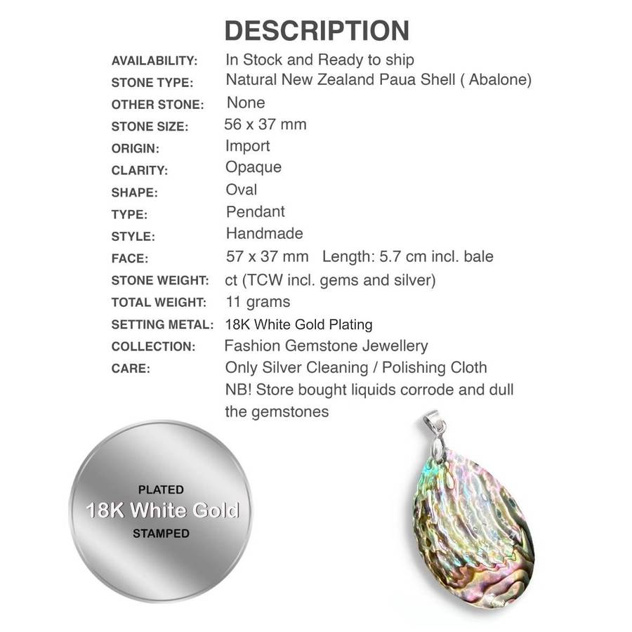 Natural New Zealand Abalone Paua Shell with Mother of Pearl Backing 18K W/Gold Plated Pendant