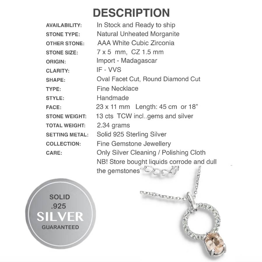 Deluxe Natural Unheated Morganite and White Cubic Zirconia Solid .925 Sterling Silver Necklace