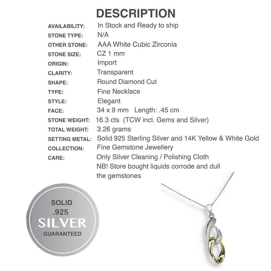 Two Tone AAA Diamond Cut AAA White CZ Solid .925 Silver 14K White and Yellow Gold Necklace
