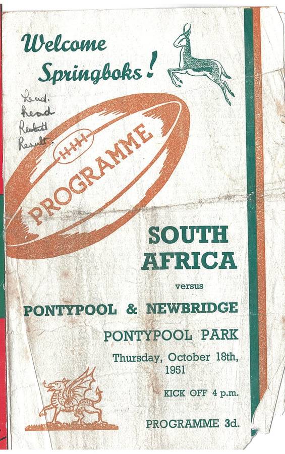 Rugby Programme Springboks vs Pontypool and Newbridge 18/10/51