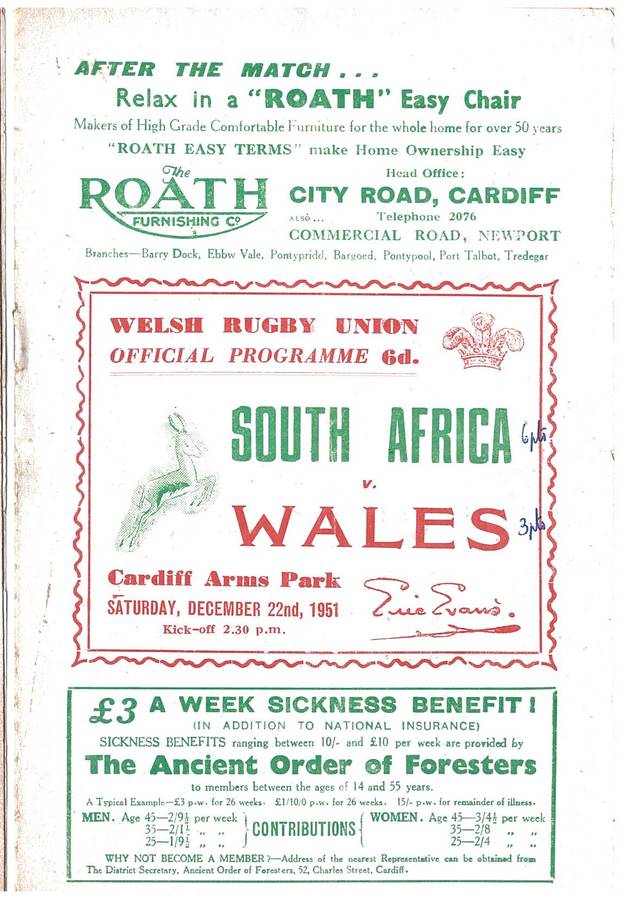 Rugby Programme Wales vs South Africa 22/121951