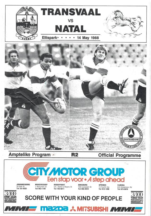 Rugby Programme Transvaal vs Natal 1988