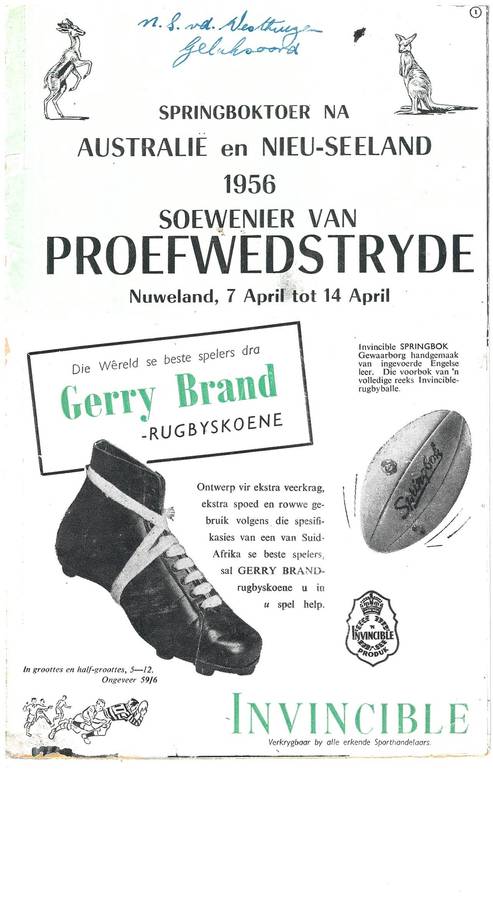 Souvenir Springbok Rugby Trial programme 1956