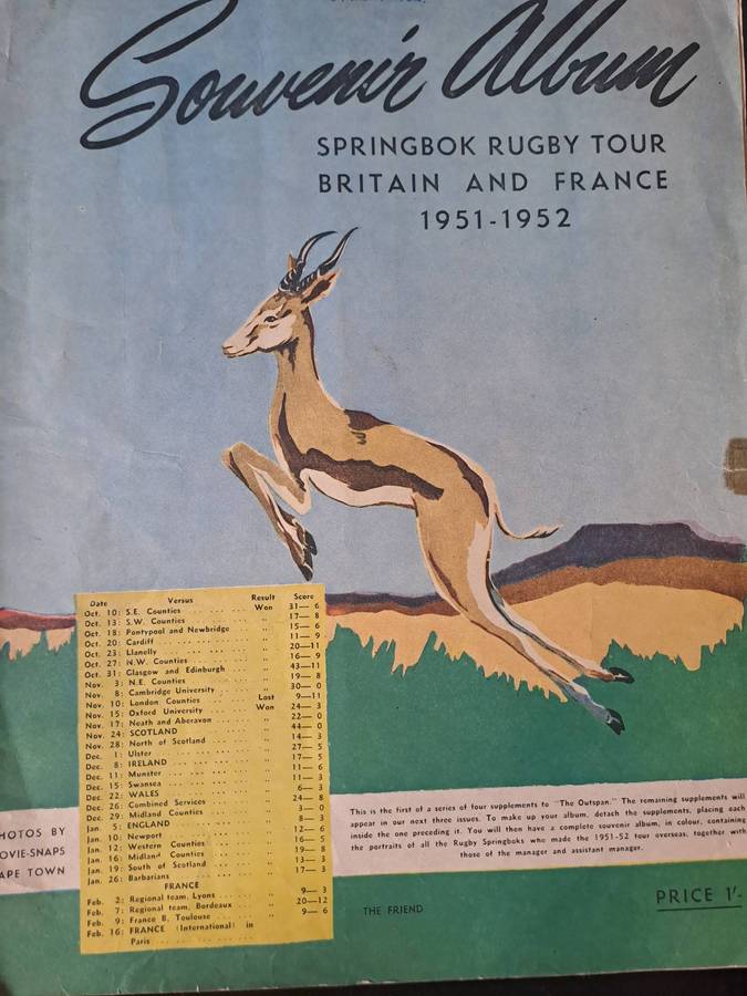 Rugby souvenir album to the Outspan 1951-52 Springboks to the UK and France 16 pp