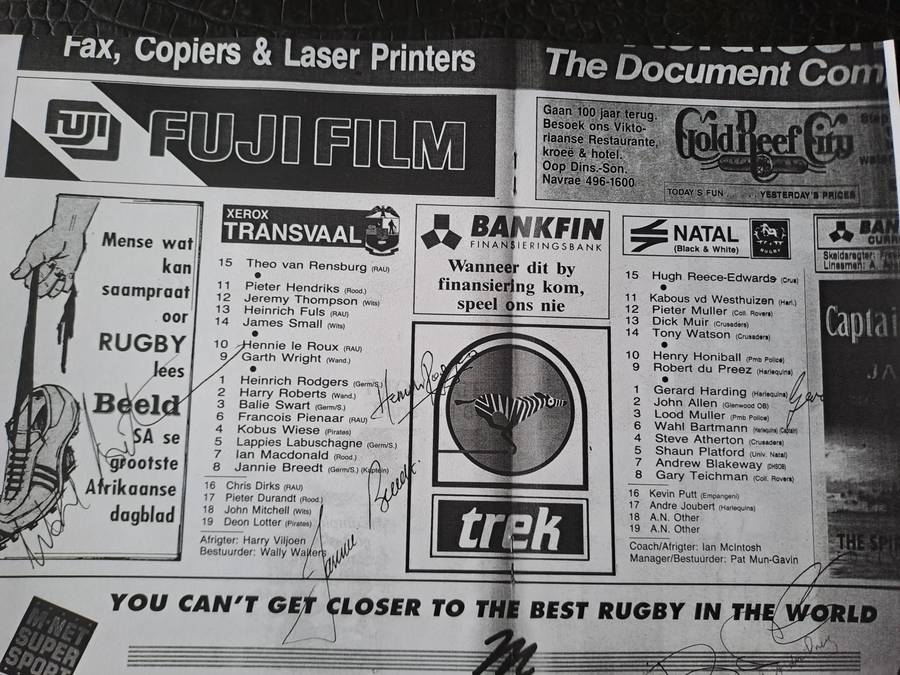 Rugby Programme Transvaal v Natal Currie Cup Final Ellis Park 12 Sept 1992