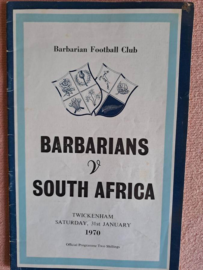 Rugby programme Barbarians vs South Africa 31 January 1970