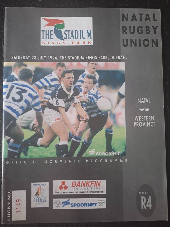 Rugby programme. Natal v Western Province 23 July 1994 King's Park