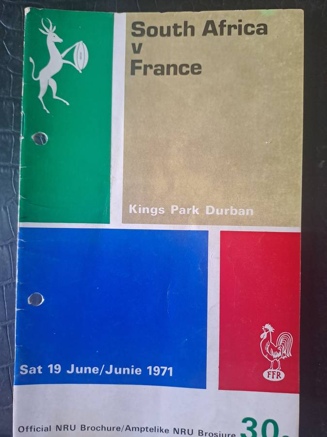 Rugby programme. South Africa v France 19 June 1971 Kings Park. Punched holes