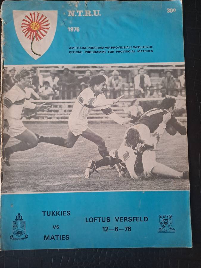 Rugby programme.  TUKS v Maties 12 Jun 1976 Loftus Versfeld. Spine split 2 cm top and bottom