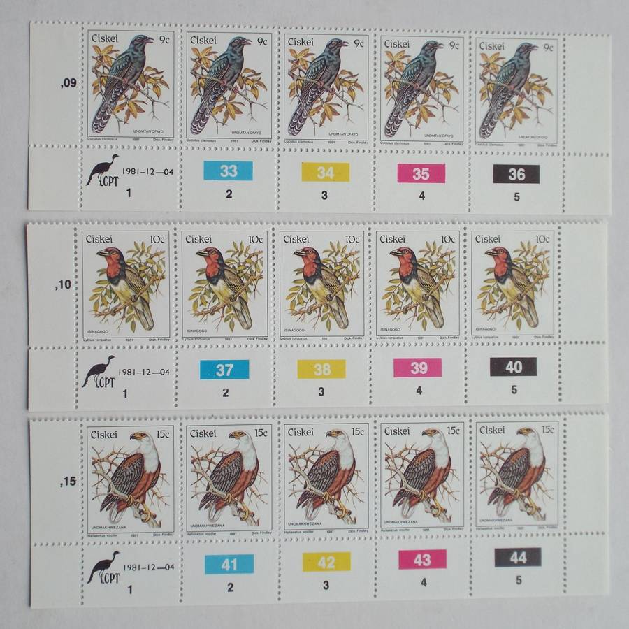 Ciskei - 1981 1st Definitive Issue "Birds" - Full Set of Control Strips of 5 (Original Print) - MNH