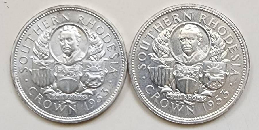 1953 Southern Rhodesia Crowns x 2. Both varieties of lettering on the rim