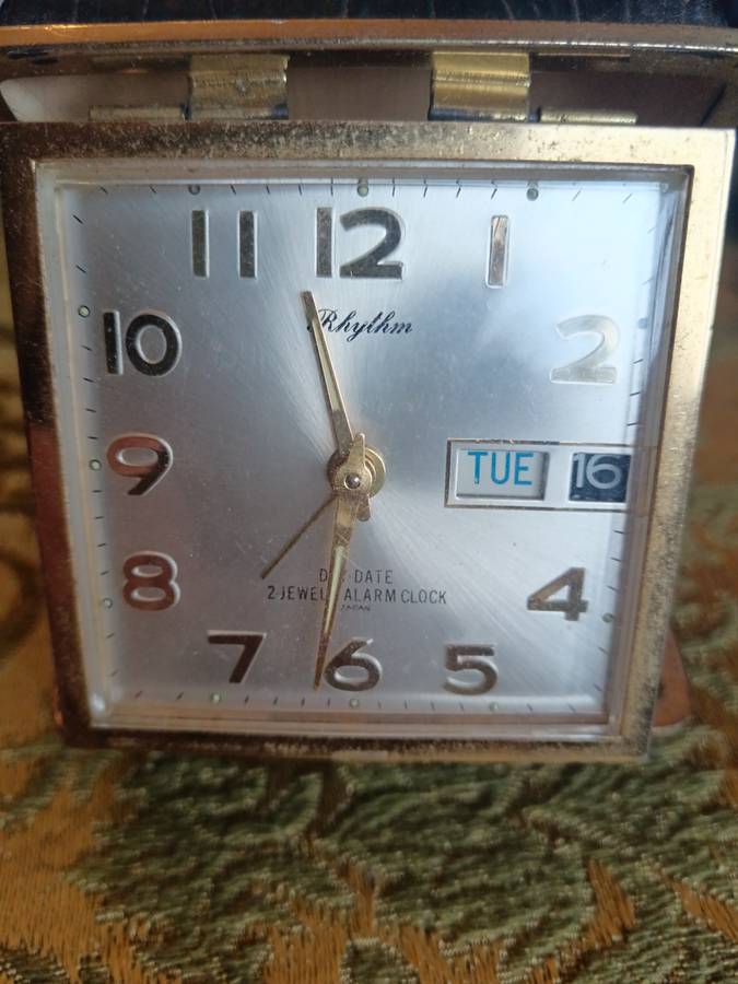 Rythm Day Date 2 Jewels Travel Alarm Clock with Crocodile style case