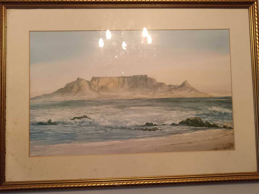 Framed Table Mountain Water colour by Valarie Petts