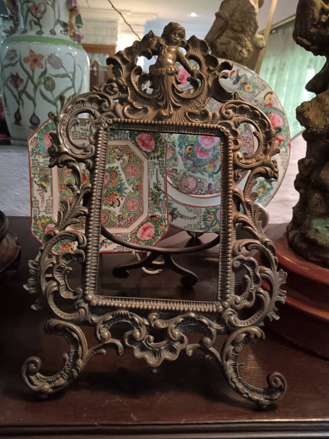 French Rococo Style Bronze Metal Desktop Picture Frame with stand