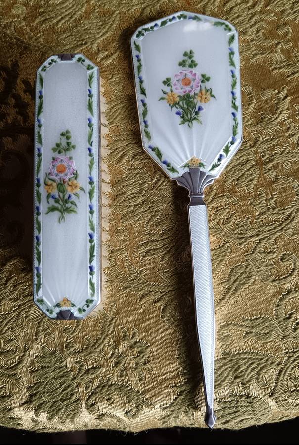 Art deco Silver Hallmarked Guilloche Enamel Mirror & Brush Set