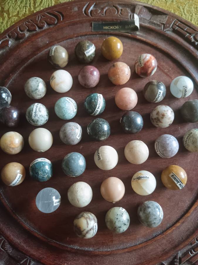 Natural Stone Solitaire game with Hickory Bark Carved Board