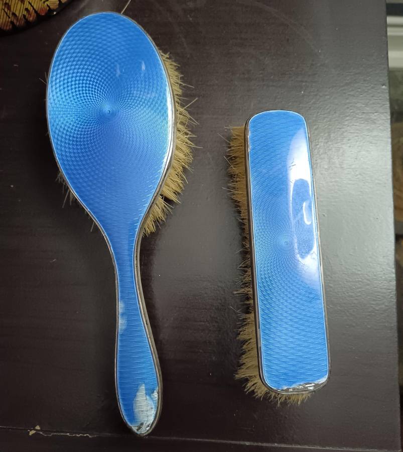 Antique Sterling Silver London Blue Guilloche Brush set