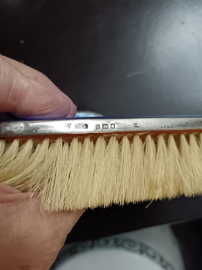 Antique Sterling Silver London Blue Guilloche Brush set