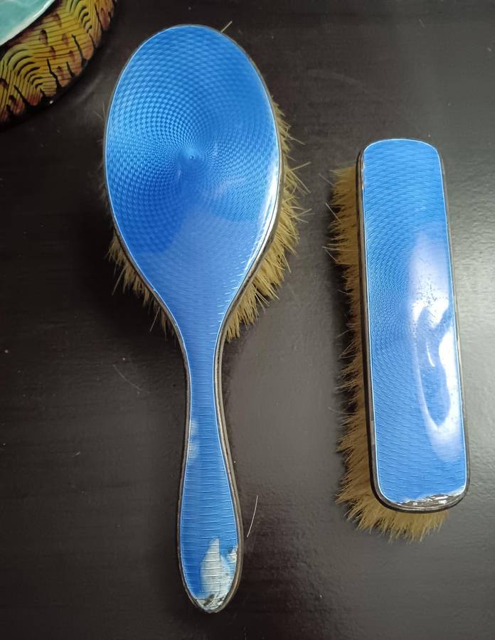 Antique Sterling Silver London Blue Guilloche Brush set