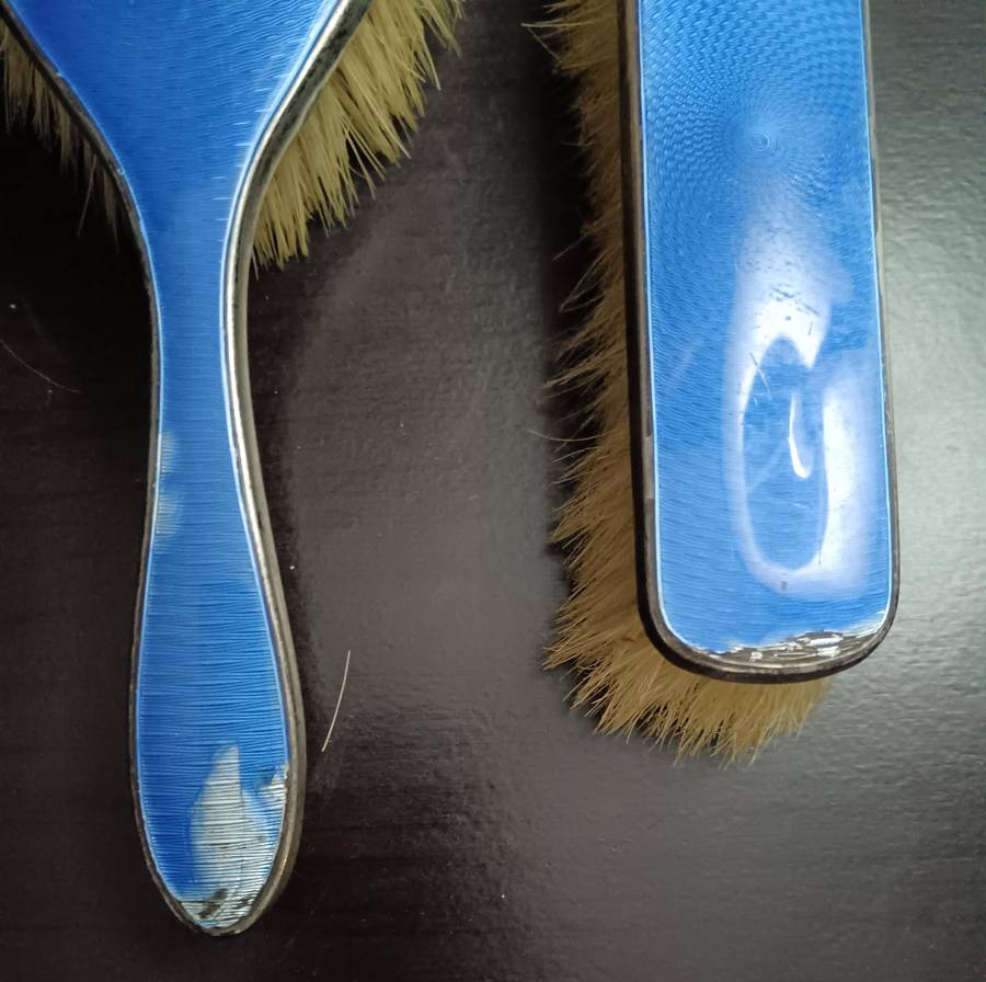 Antique Sterling Silver London Blue Guilloche Brush set