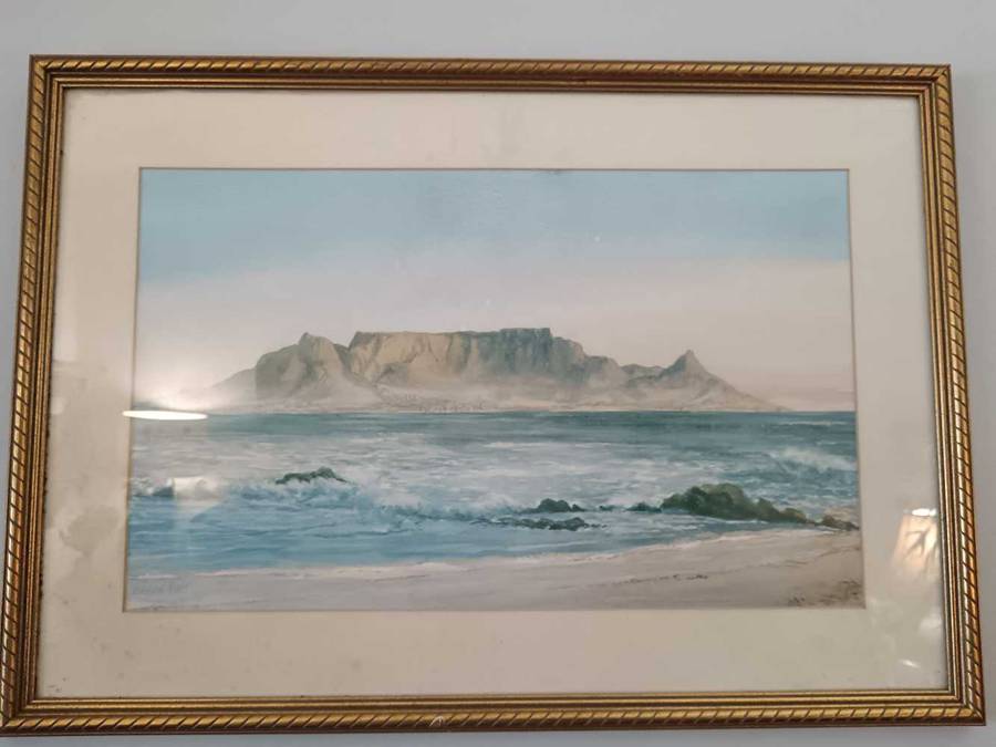 Framed Table Mountain Water colour by Valarie Petts
