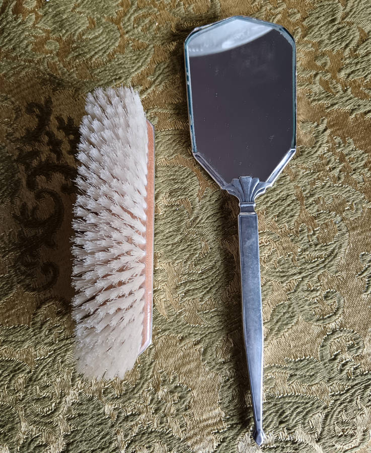Art deco Silver Hallmarked Guilloche Enamel Mirror & Brush Set