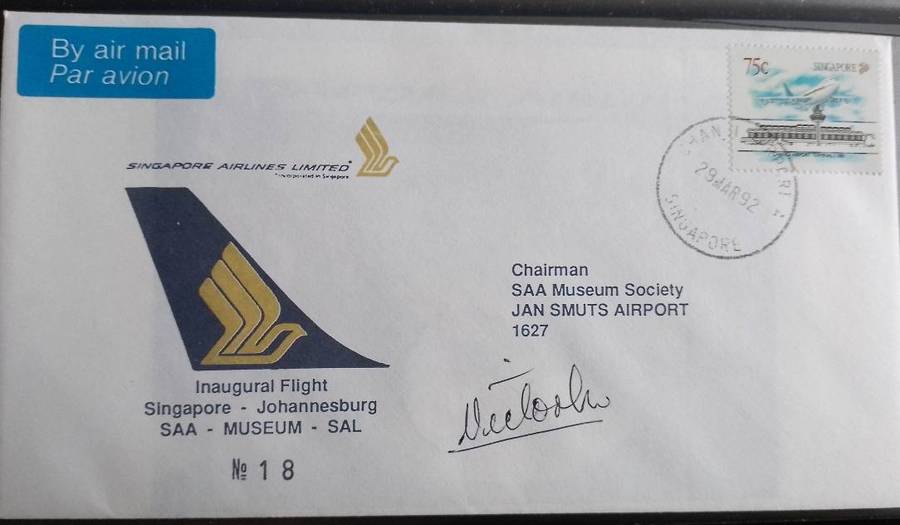 SINGAPORE AIRLINES SAA MUSEUM #18 SINGAPORE-JHB FIRST FLIGHT 1992