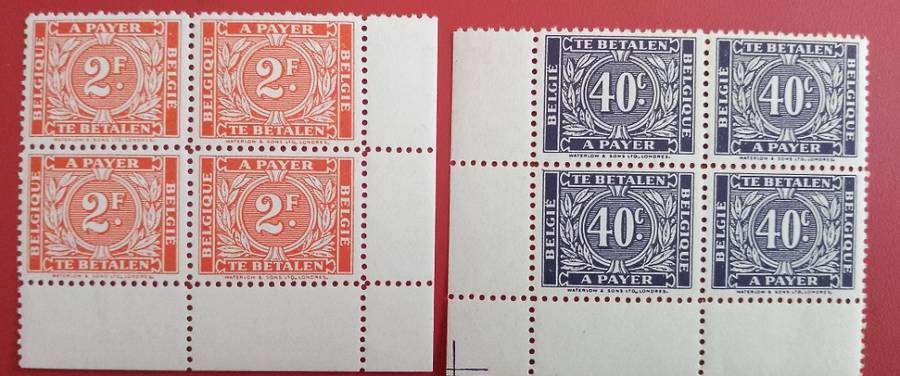 BELGIUM BLOCK OF 4 POSTAGE DUE -A PAYER TE BETALEN 40C AND 2 F -MNH