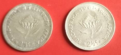 Silver 1961 Republic of South Africa 2 1/2 cent (tickey) coin x2