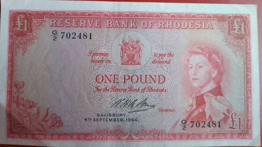 Reserve Bank of Rhodesia 1 pound note FINE 1964 not often seen(#G2-702481)