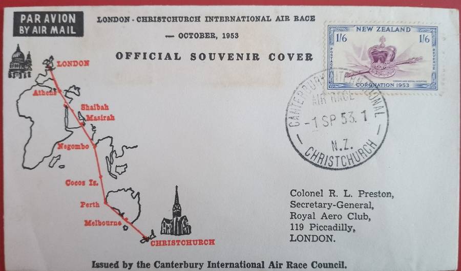 New Zealand 1953 London to Christchurch International Air Race Souvenir Cover